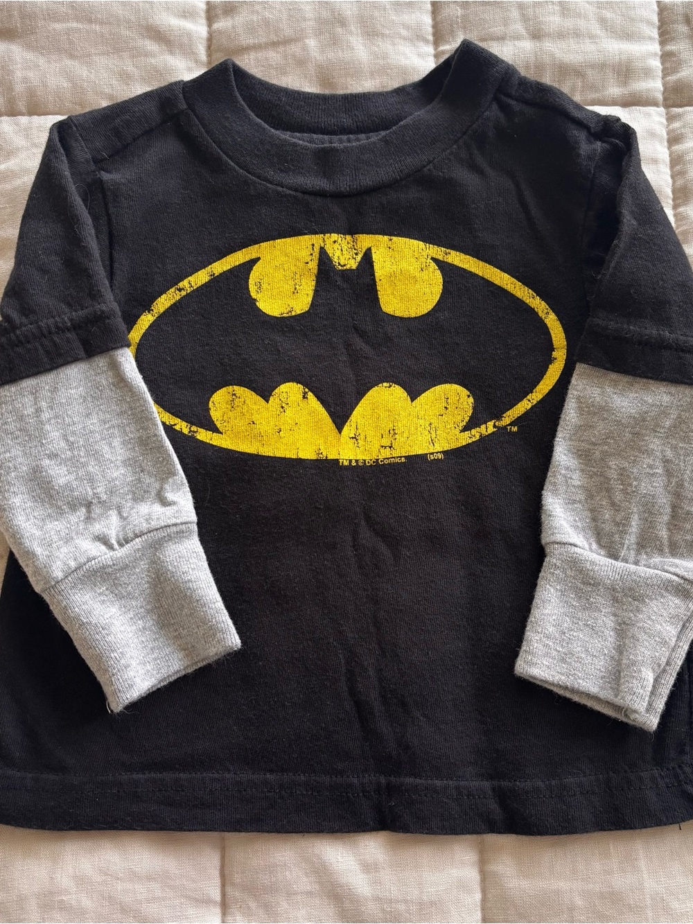Old Navy Black Long Sleeve Tee with Yellow Batman Logo and Gray Layered Sleeves